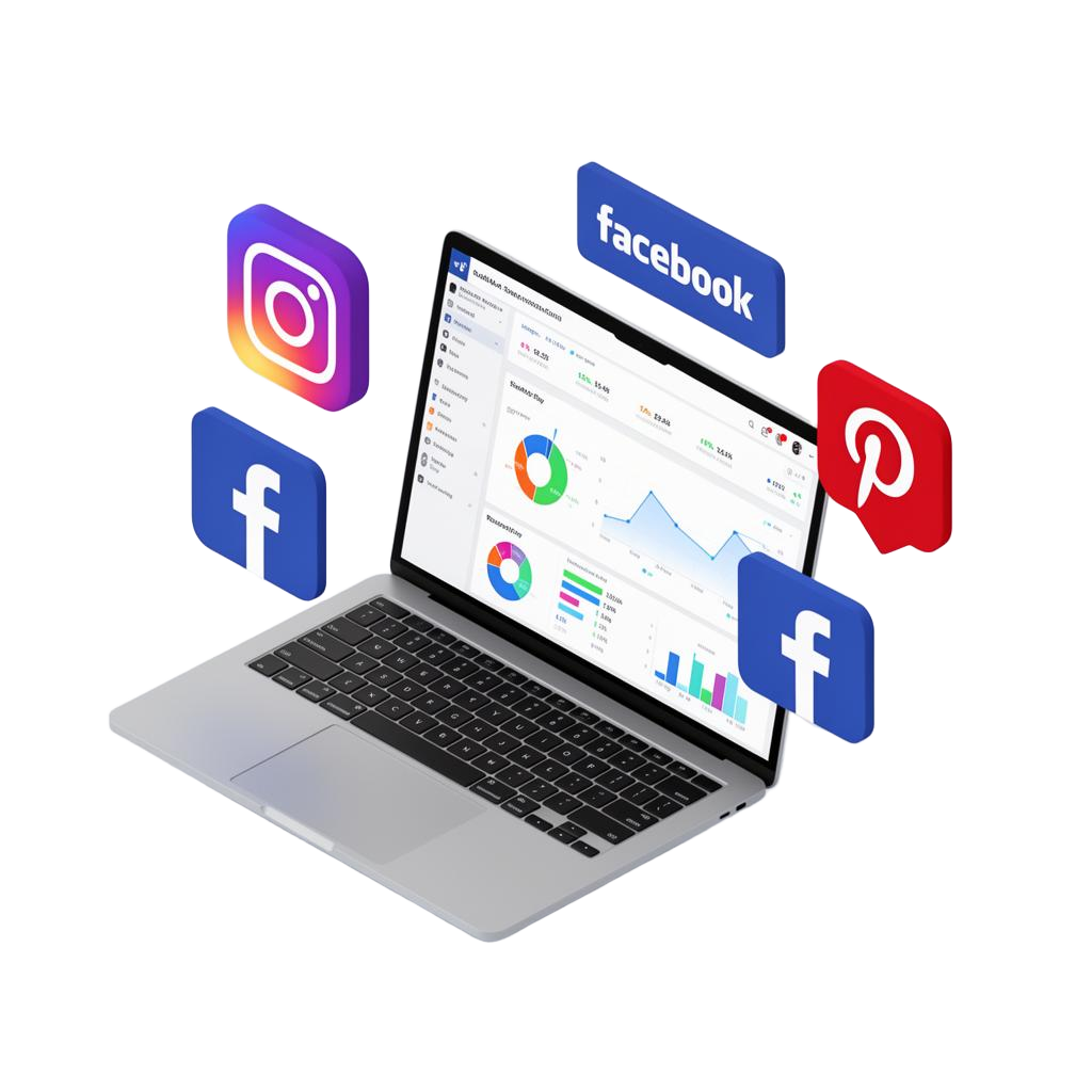 Social media marketing dashboard with Instagram, Facebook, and Pinterest
